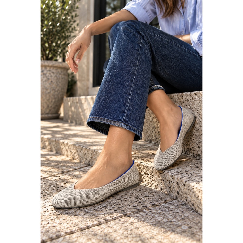 Rothy's The Flat Flax Birdseye Knit Round Toe Ballet Flats Ecru Blue 6